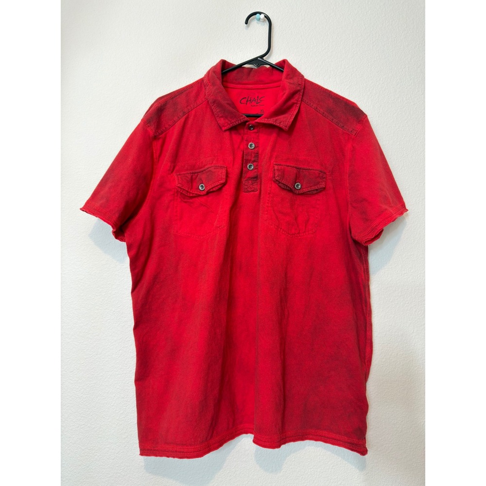 Chalc Polo Shirt Mens XL Red Good Acid Wash‎ Double Pocket Cotton 68E03649JC
